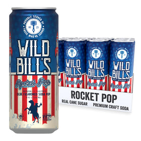 Wild Bill's Rocket Pop Soda 12-pack front label shows vibrant retro styling for nostalgia.
