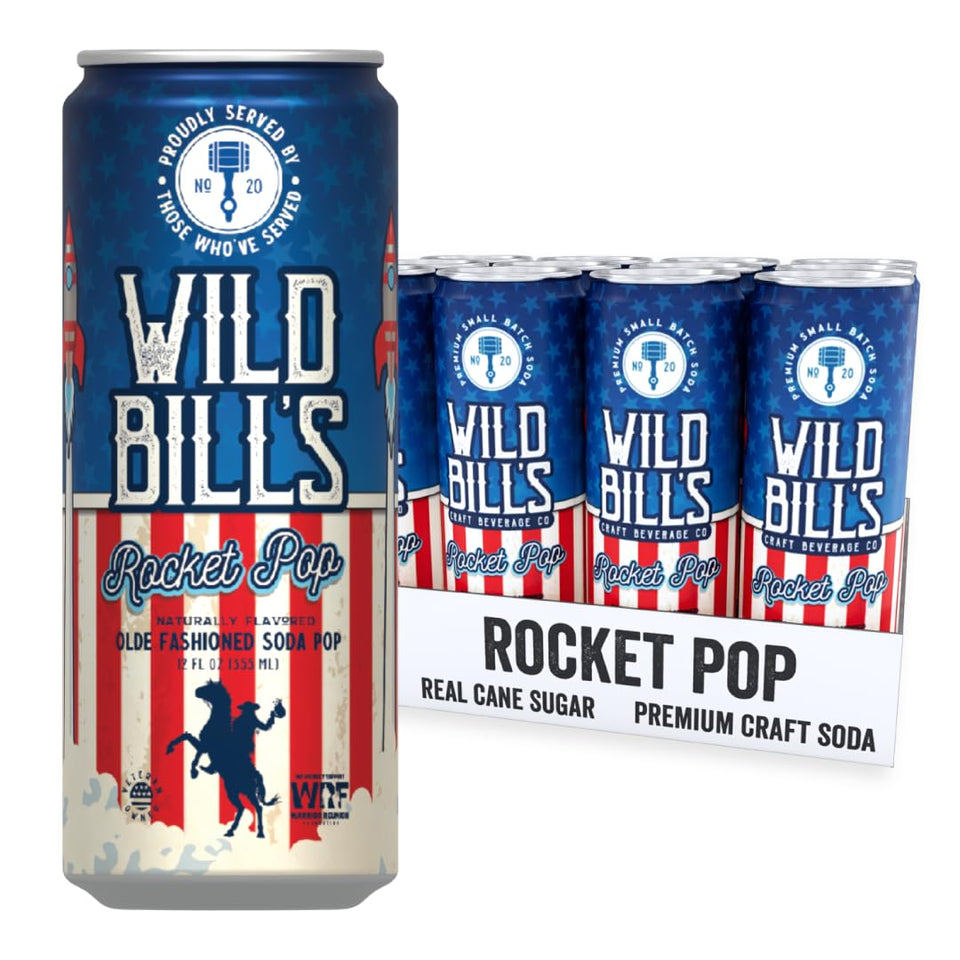 Wild Bill's Rocket Pop Soda 12-pack front label shows vibrant retro styling for nostalgia.