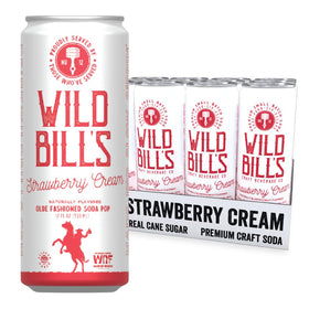 Wild Bill's Strawberry Cream Soda bottle with 12-pack display, crisp cane sugar flavor.