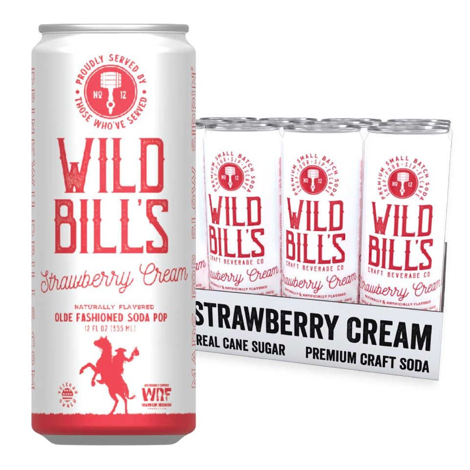Wild Bill's Strawberry Cream Soda bottle with 12-pack display, crisp cane sugar flavor.