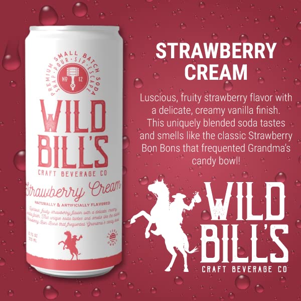 Pouring Wild Bill's Strawberry Cream Soda into a glass reveals the creamy vanilla finish.