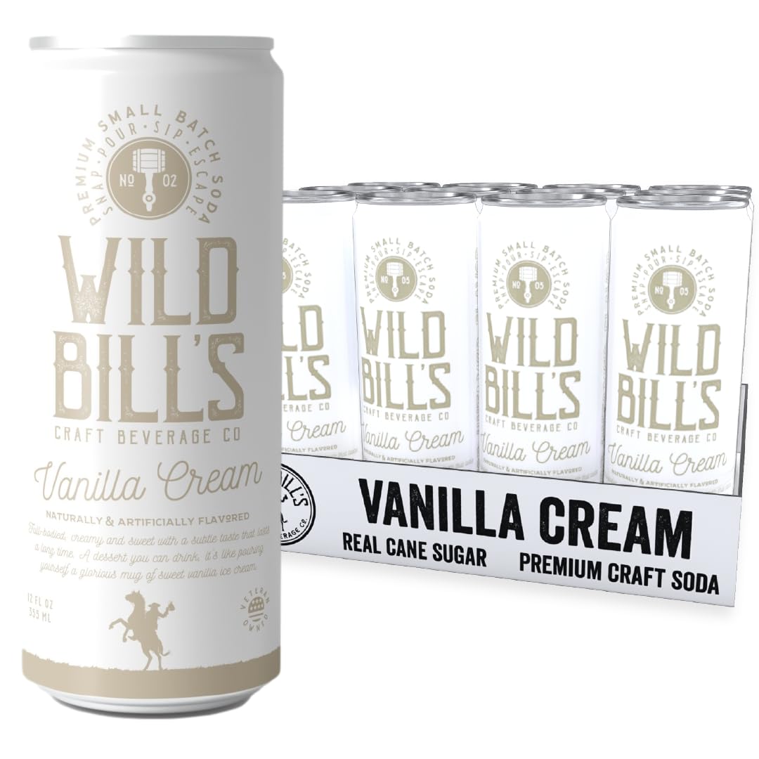 Wild Bill's Vanilla Cream Soda bottle pouring with creamy vanilla flavor.