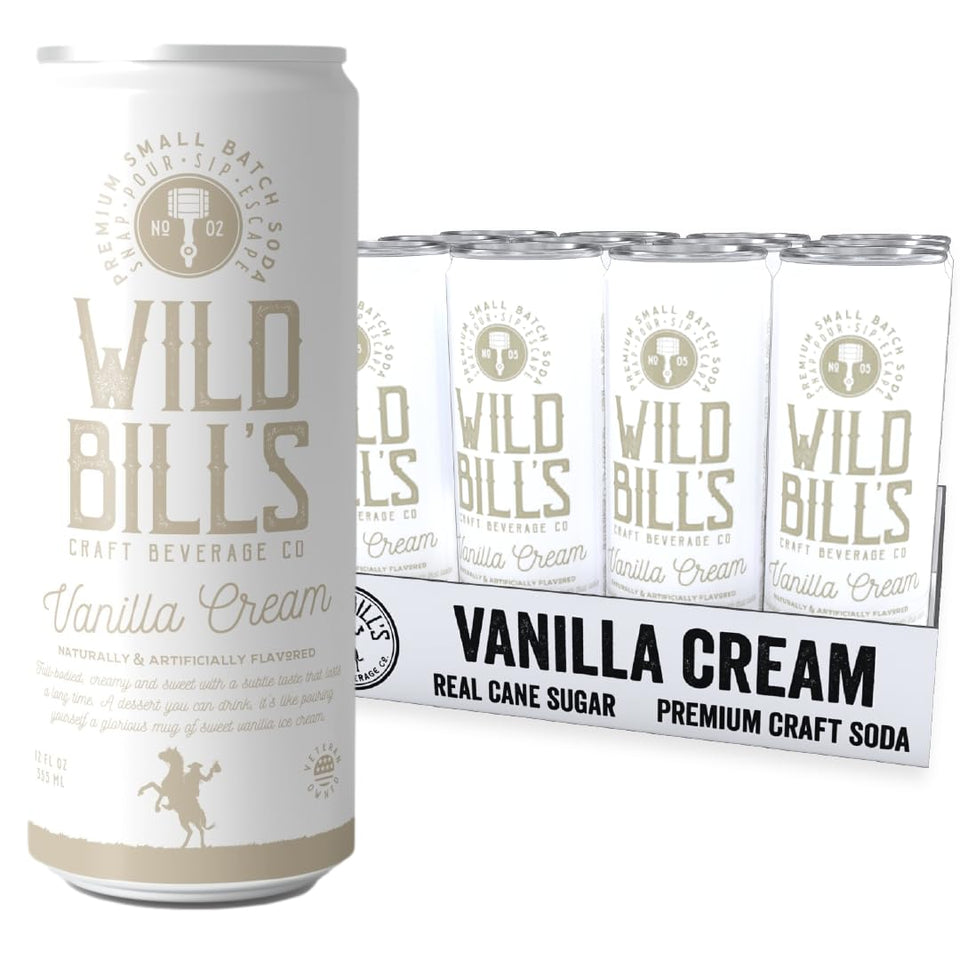 Wild Bill's Vanilla Cream Soda bottle pouring with creamy vanilla flavor.