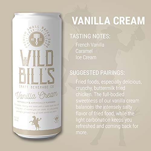 Wild Bill's Vanilla Cream Soda label front highlighting pure cane sugar and caffeine-free formula.