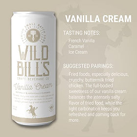 Wild Bill's Vanilla Cream Soda label front highlighting pure cane sugar and caffeine-free formula.