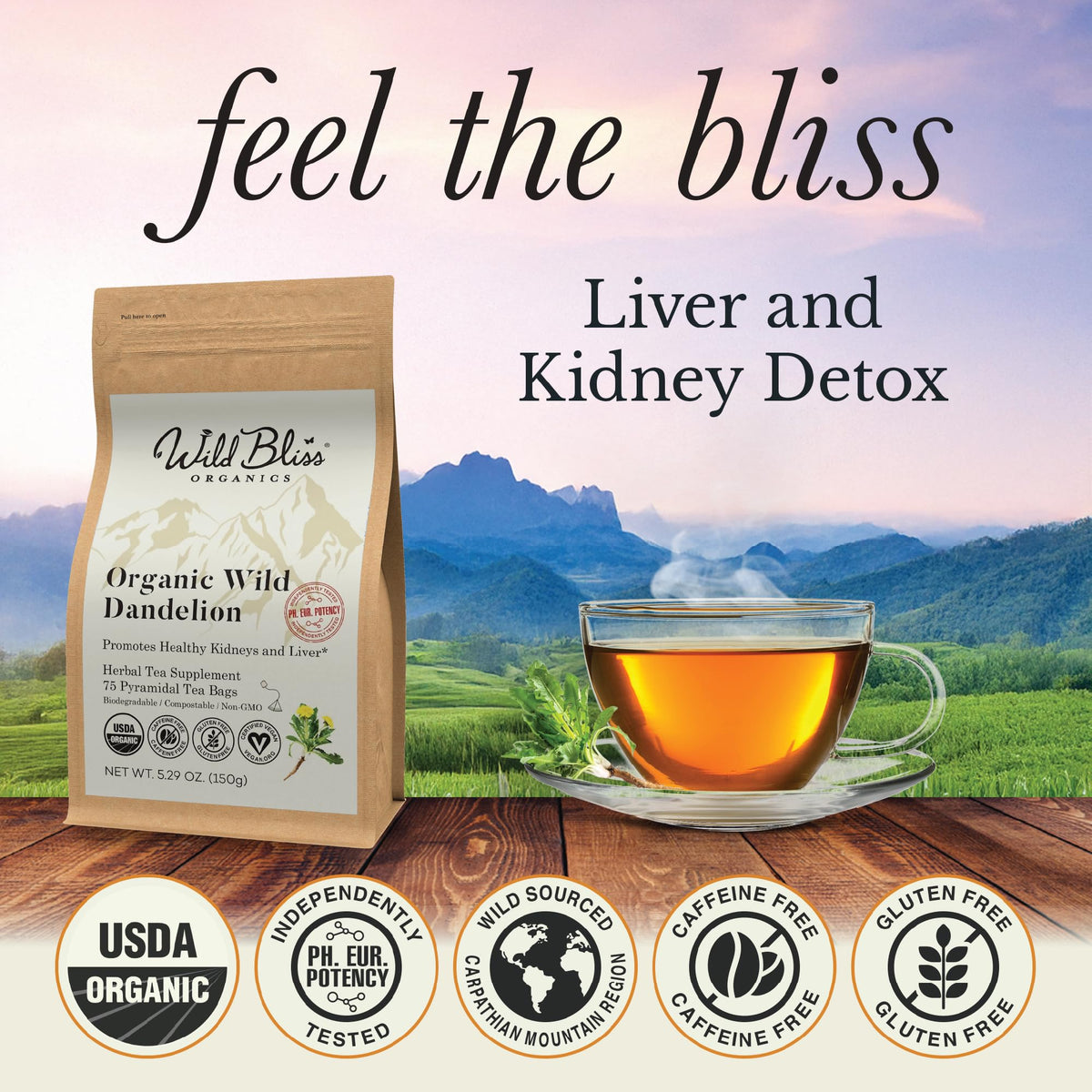Wild Bliss dandelion root tea bags pyramid sachets brewing aroma and flavor