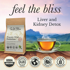 Wild Bliss dandelion root tea bags pyramid sachets brewing aroma and flavor