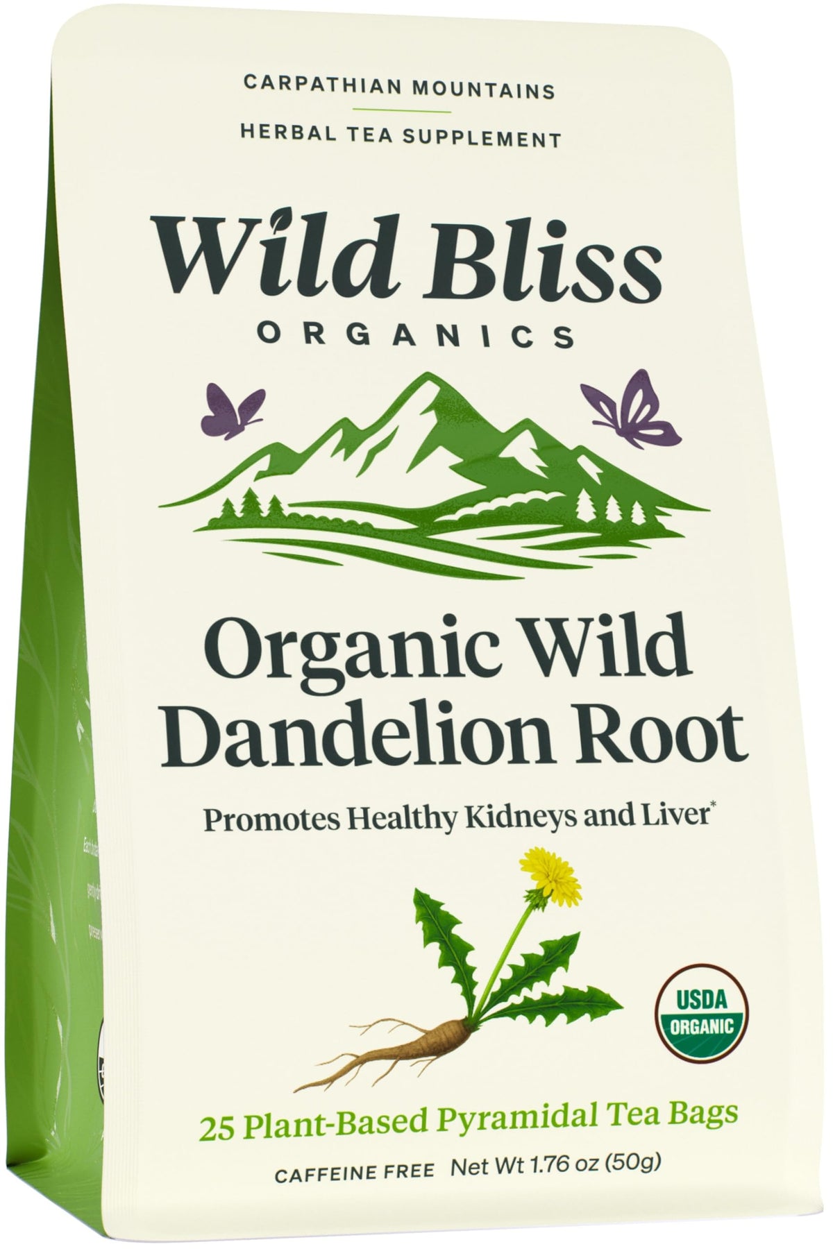 Wild Bliss dandelion root tea packaging closeup, single-origin Romania, supports digestion.