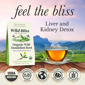 Wild Bliss organic dandelion tea bags steeping, a soothing ritual.
