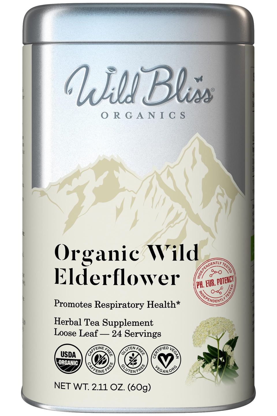 Wild Bliss Elderflower Tea canister with dried blossoms ready to steep in a comforting cup