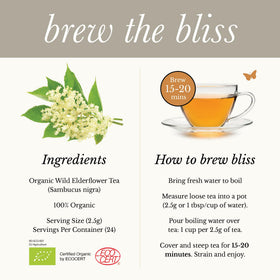 Wild Bliss Organic elderflowers close-up highlighting wild-sourced origin from Romania