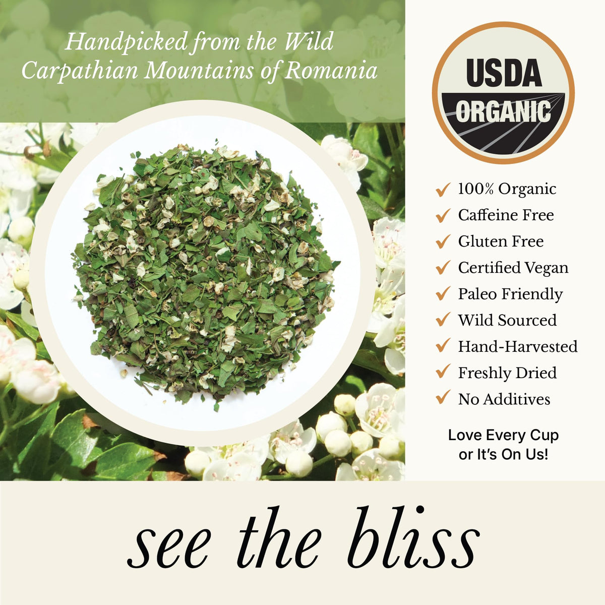 Close-up of hawthorn leaf and flower in Wild Bliss blend, pure and organic.