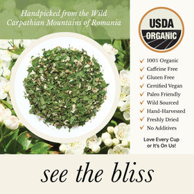 Close-up of hawthorn leaf and flower in Wild Bliss blend, pure and organic.