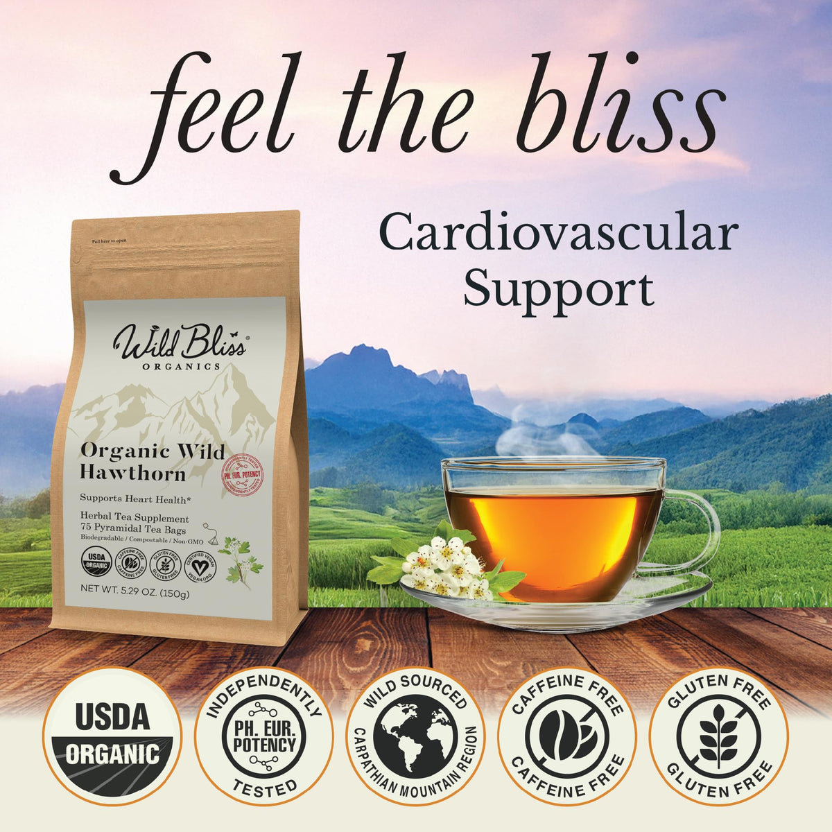 Wild Bliss pyramidal hawthorn tea bags in use, for fuller infusion.