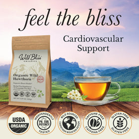 Wild Bliss pyramidal hawthorn tea bags in use, for fuller infusion.