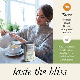 Wild Bliss honey-scented linden flavor without additives delivers a fragrant, caffeine-free experience.