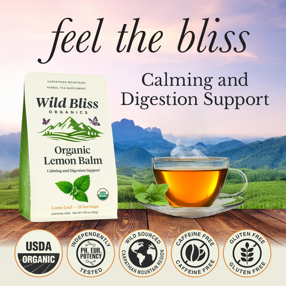 Wild Bliss Organic Lemon Balm Tea dried leaves from Carpathian Romania for natural potency.