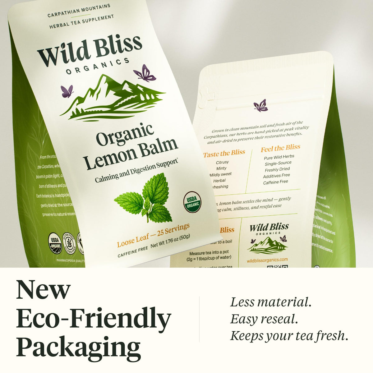 Wild Bliss Lemon Balm Tea loose-leaf promotes relaxed evenings with caffeine-free sipping.