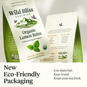 Wild Bliss Lemon Balm Tea loose-leaf promotes relaxed evenings with caffeine-free sipping.