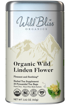 Wild Bliss linden flower tea pack with honey-scented blooms for a soothing, relaxing cup.