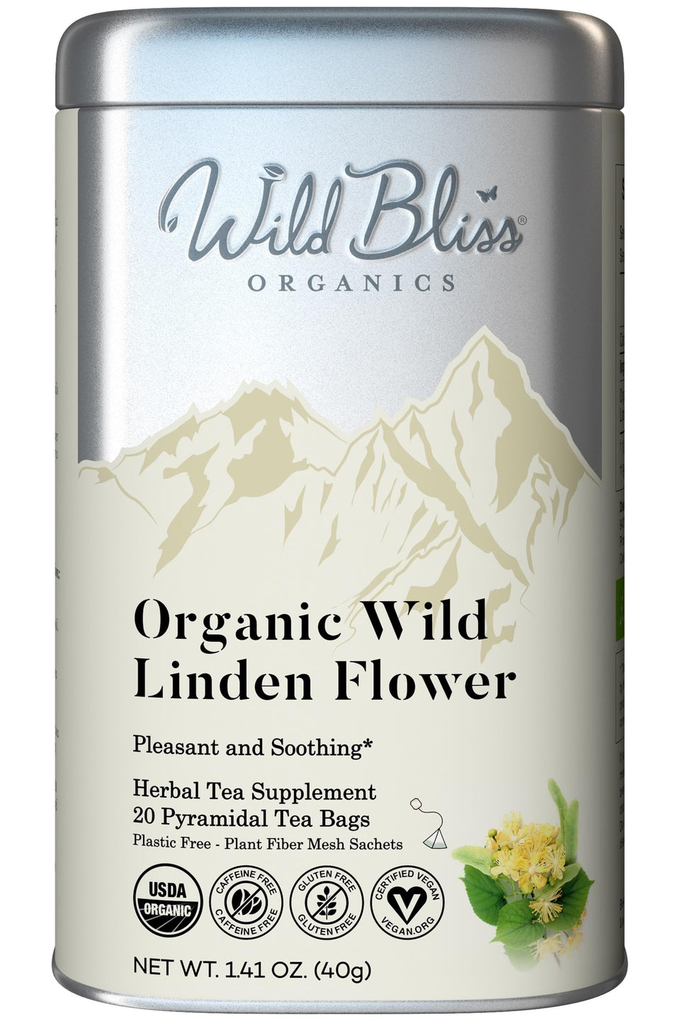 Wild Bliss linden flower tea pack with honey-scented blooms for a soothing, relaxing cup.