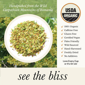 Wild Bliss Linden Tea bags on display for a convenient caffeine-free ritual.