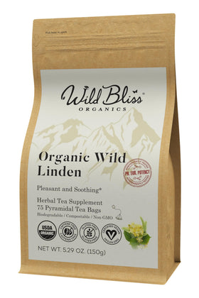 Wild Bliss Linden Tea canister close-up for a calming tea moment.