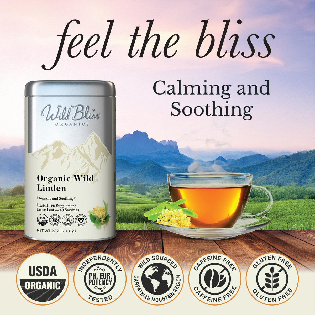Wild Bliss Linden Tea loose leaves evoke natural aroma for everyday relaxation.