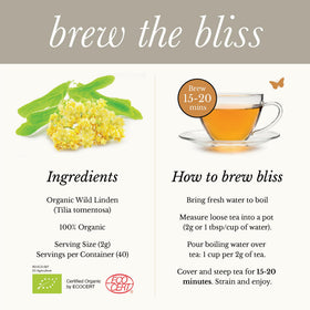 Wild Bliss Linden Tea origin Romania mountains emphasizes wild-sourced quality.
