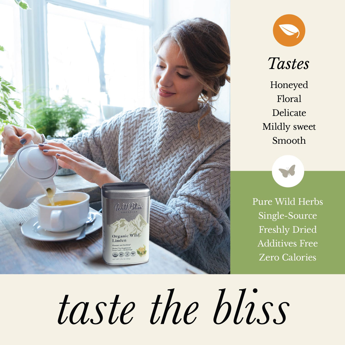 Wild Bliss Organic Certification Seal confirms organic, additive-free herbal quality.