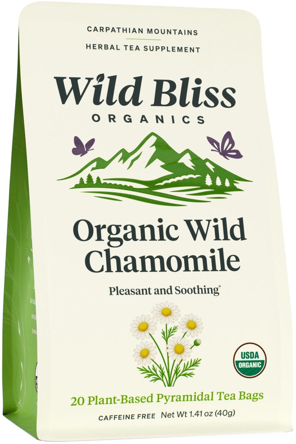 Wild Bliss Organic Chamomile Tea tea bags in a sachet, pure and caffeine-free relaxing ritual.