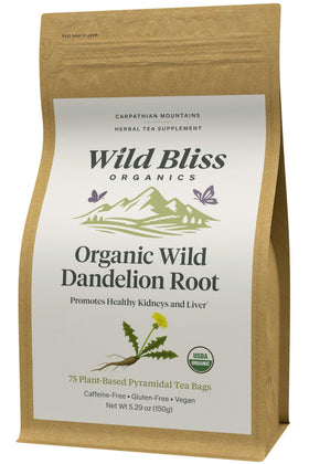 Wild Bliss organic dandelion root tea bags in packaging for a caffeine free detox option