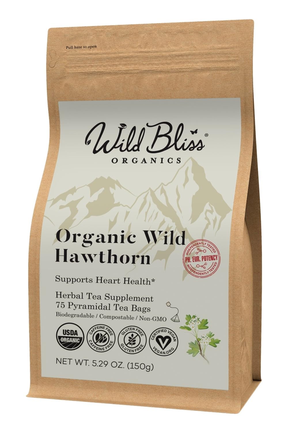 Wild Bliss organic hawthorn tea box featuring 75 bags, caffeine-free and ready to brew.