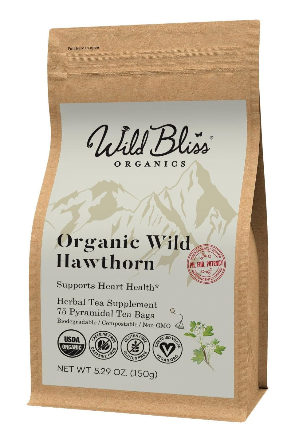 Wild Bliss organic hawthorn tea box featuring 75 bags, caffeine-free and ready to brew.