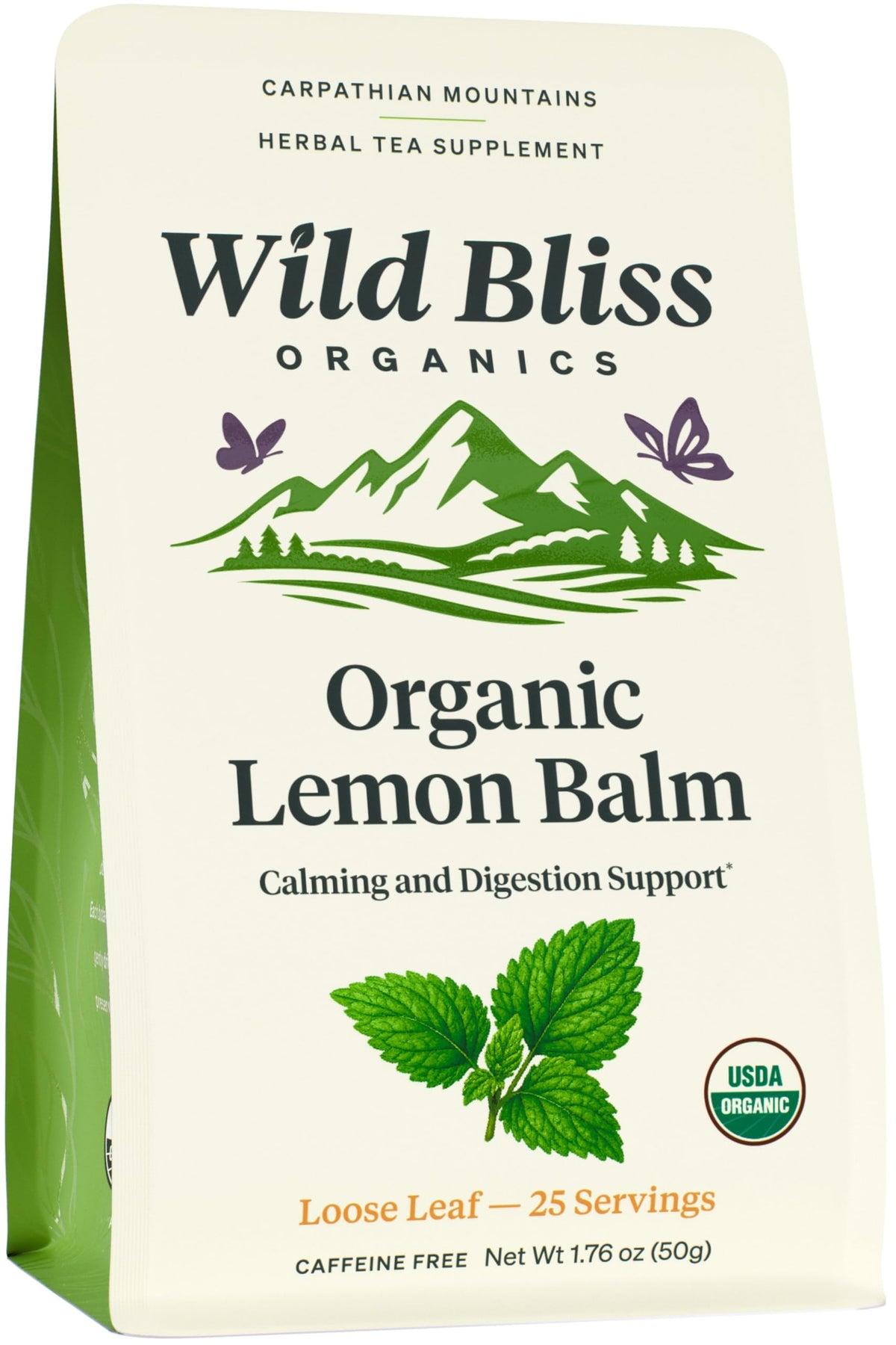 Wild Bliss Organic Lemon Balm Tea packaging — premium small-batch quality for a soothing afternoon ritual.