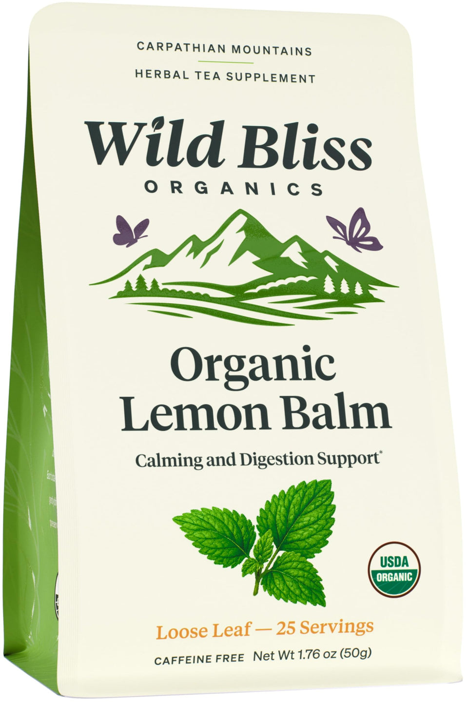 Wild Bliss Organic Lemon Balm Tea packaging — premium small-batch quality for a soothing afternoon ritual.