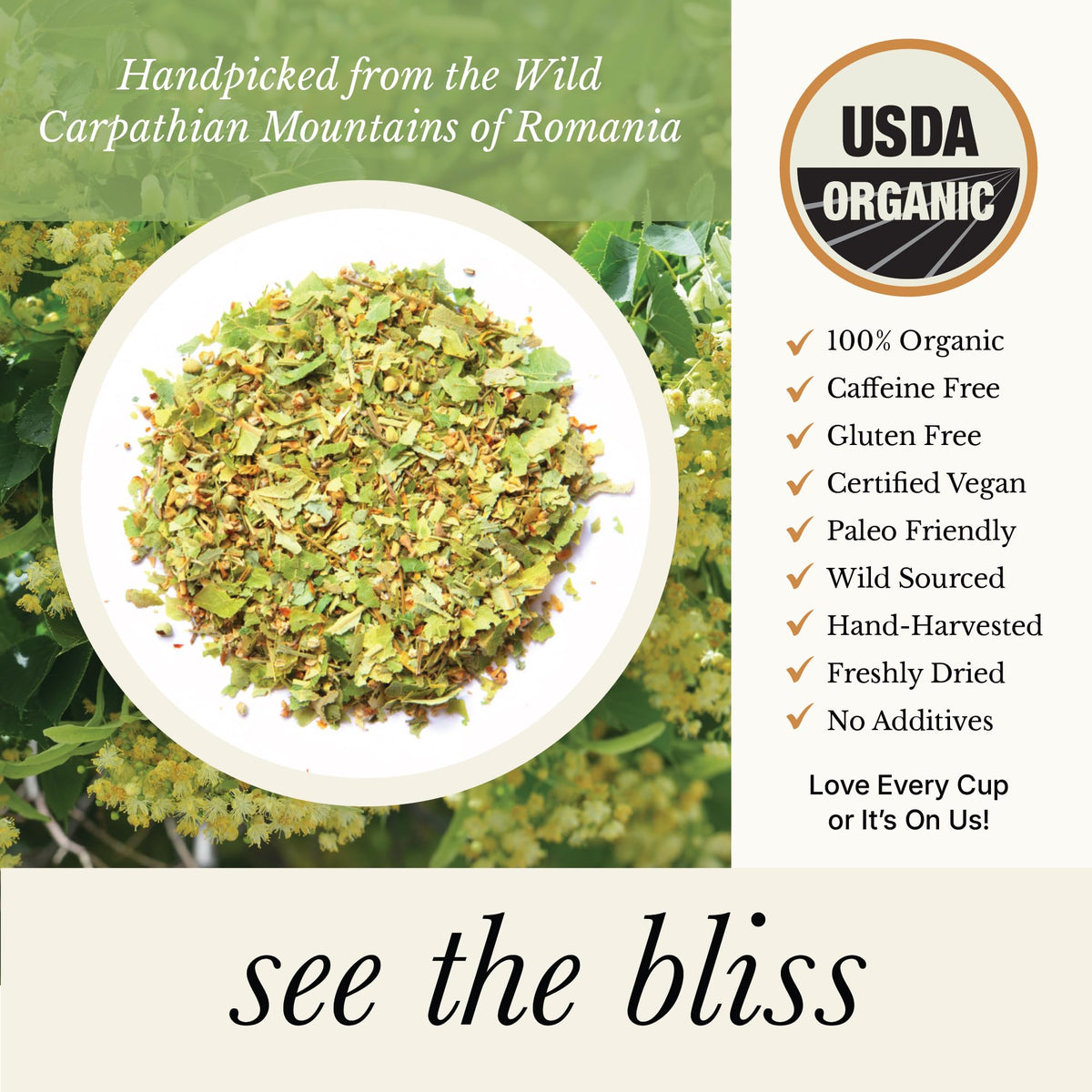 Wild Bliss organic linden flowers dried at source preserve freshness and natural aroma.