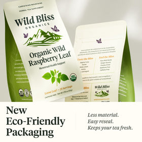 Wild Bliss organic raspberry leaf tea loose leaves closeup emphasizes natural, high-quality leaves.
