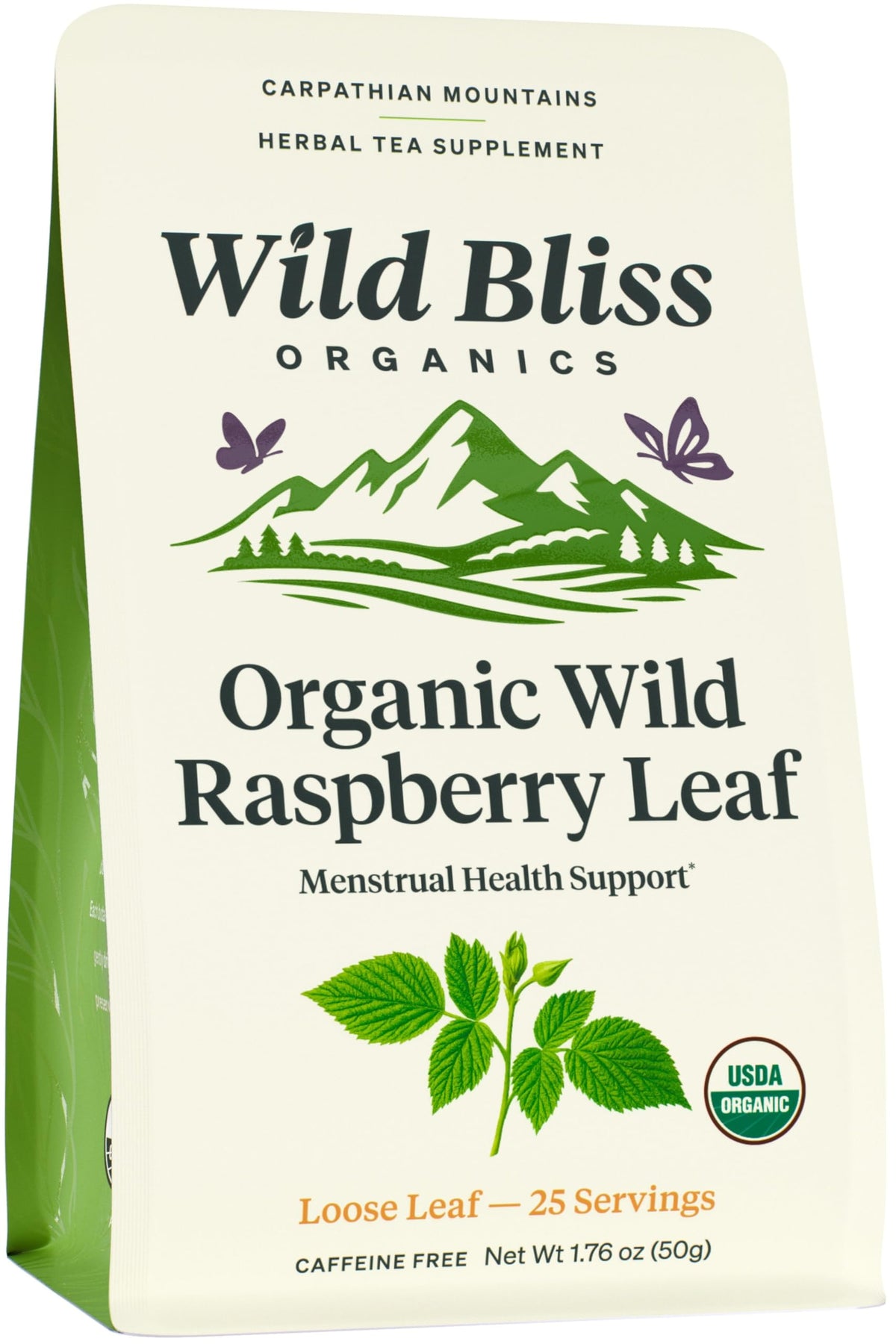 Wild Bliss organic raspberry leaf tea packaging, signaling pure ingredients and sustainable sourcing.