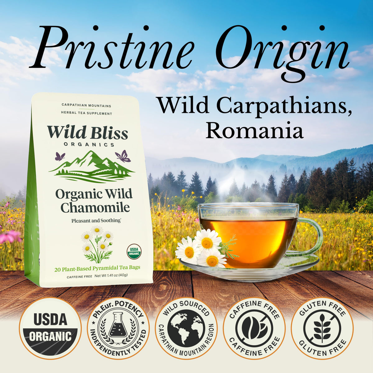 Wild Bliss Pharmacopoeia potency label, signifying high-quality chamomile.