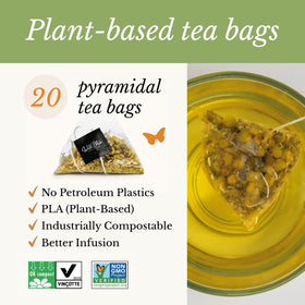 Wild Bliss pyramid tea bags next to packaging, enhanced flavor extraction.