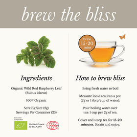 Wild Bliss raspberry leaf tea brewed cup highlights caffeine-free evening option.