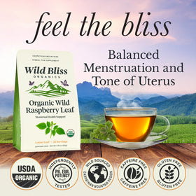 Wild Bliss raspberry leaf tea dried leaves closeup showcases aroma and freshness.