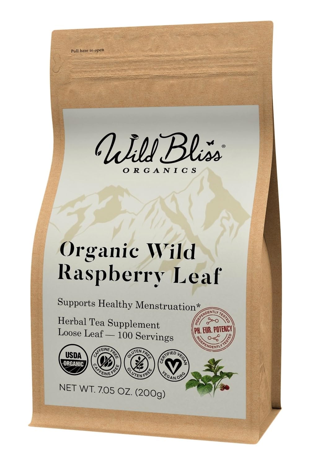 Wild Bliss Raspberry Leaf Tea loose leaves, organic and caffeine-free for anytime sipping.