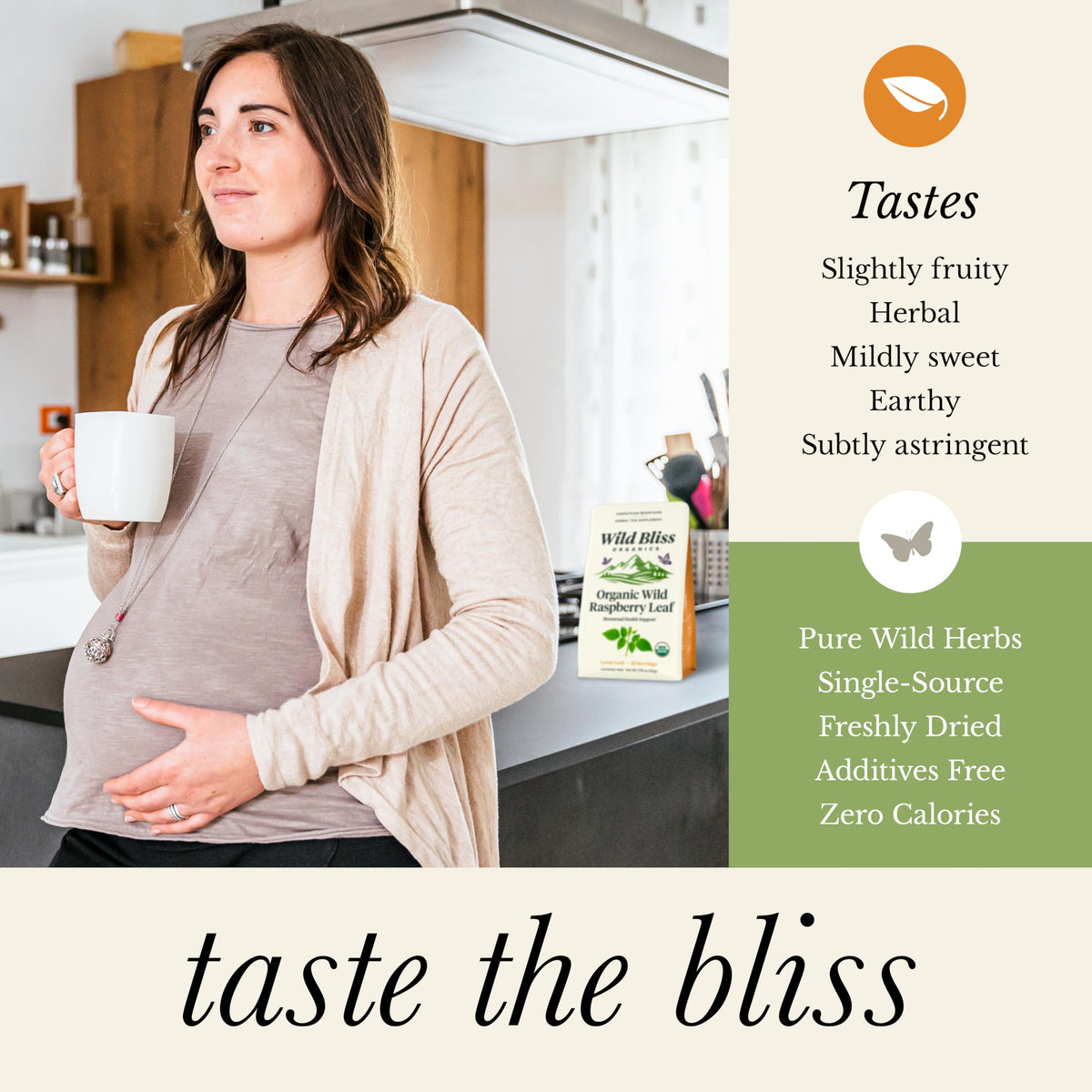 Wild Bliss raspberry leaf tea origin Romania signals wild-sourced, small-batch freshness.