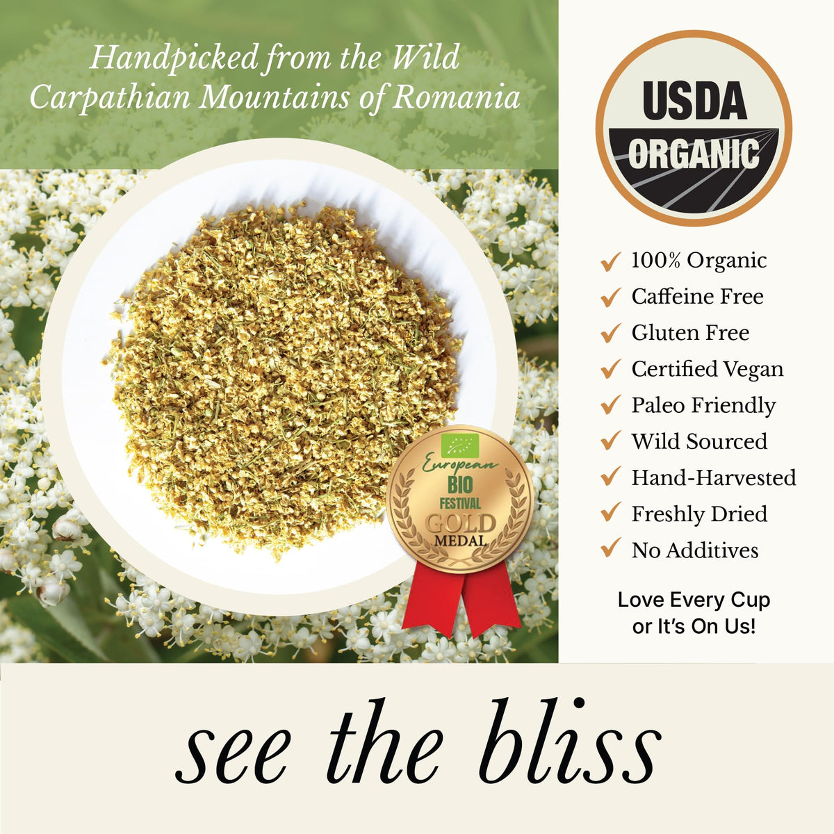 Wild Bliss Elderflower Tea brewing in a cup with light golden infusion