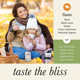 Wild Bliss Elderflower Tea infusion releasing floral aroma in a steaming cup