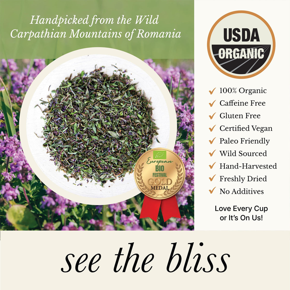 Wild Bliss Wild Breckland Thyme Tea brewed cup with aromatic steam.