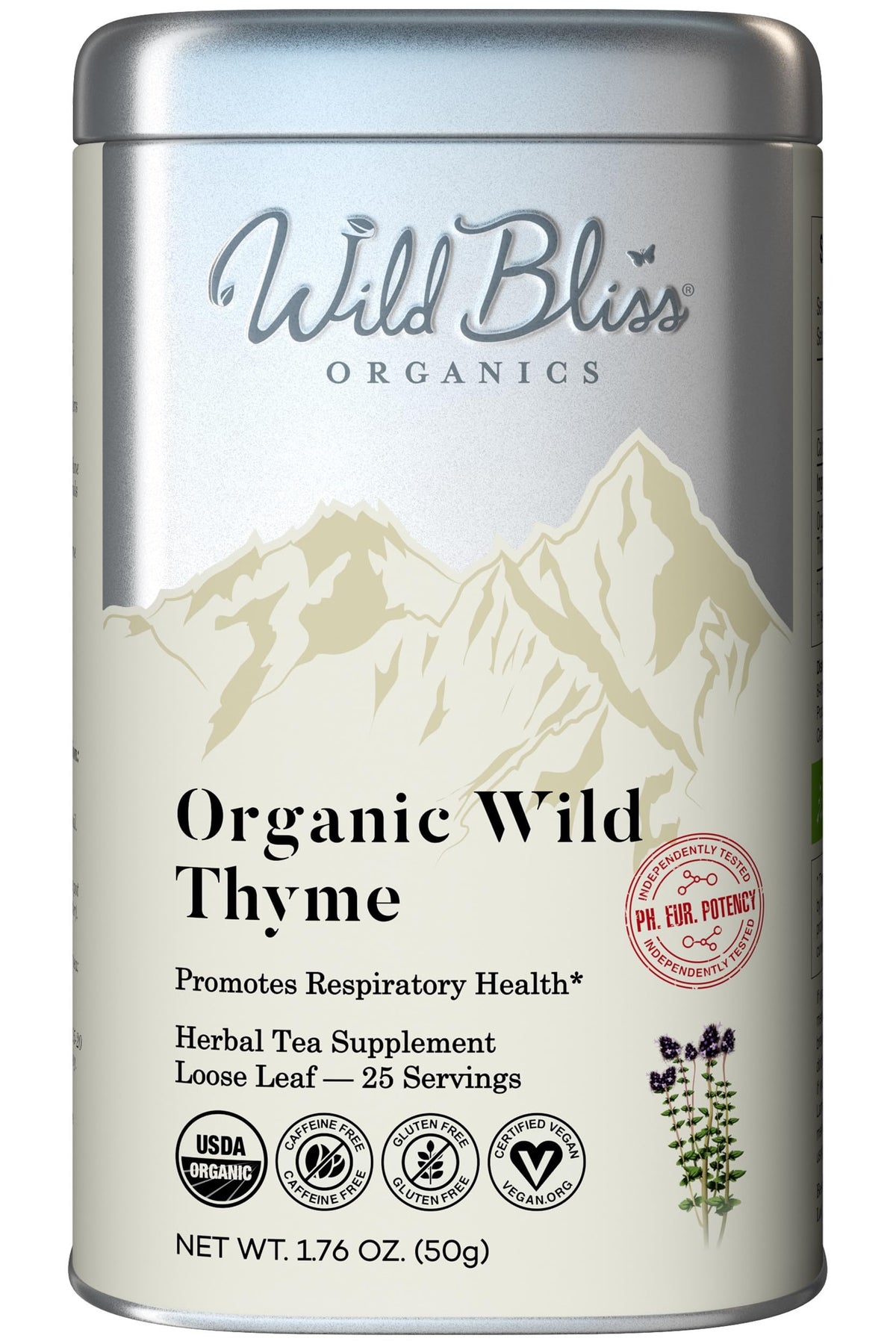 Wild Bliss Wild Breckland Thyme Tea packaging highlighting organic sourcing and purity.