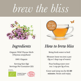 Wild Bliss Wild Breckland Thyme Tea wildcrafted source in Romanian mountains.